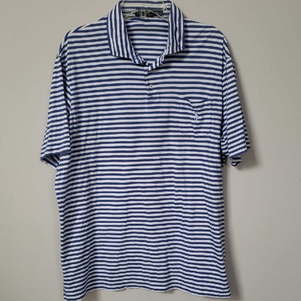 Ralph Lauren Polo Shirt Mens 2XL Blue Striped Pocket Golf Business Casual Travel